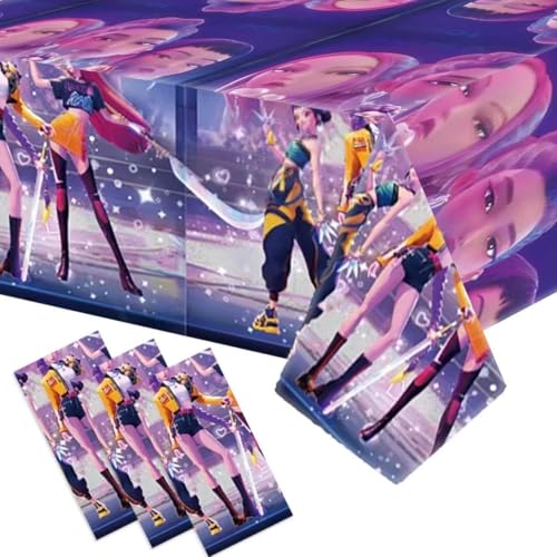 Luckyliz Demon Movie Hunters Table Cloths - 3 Korean Idol Singer Musical Table Cover Disposable Plastic Waterproof Tablecloths Purple Cartoon Party Supplies for Boys Girls Fans Concert Birthday Party