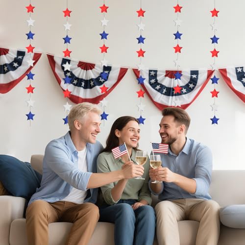 Image of 4th of July 3D Star Garland Streamer, 6 Pack Red White and Blue Garlands, Pre-Assembled 4th of July Star Streamers Decorations, Patriotic Memorial Day Independence Day Banner Party Supplies