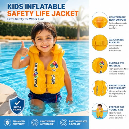 Image of Adjustable Swimming Trainer Life Jacket for Boys & Girls| Inflatable PVC Safety Swim Vest for Kids | Toddler Floaties for Pool, Beach, Boating| Swimmer Aid with Secure Buckle