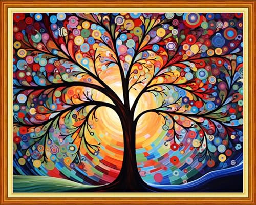 DMCVIVR Stamped Cross Stitch Kits for Beginners Adults Needlepoint Kits for Beginners Embroidery Kits for Adults Crossstitch Kit for Beginners 11CT-Colorful Tree 16x20 inchs