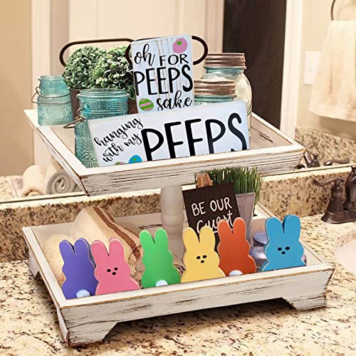 Naladoo 8pcs Easter Day Decoration Tiered Tray Decorations Spring Tiered Tray Decorations Wooden Sign Ornaments, Farmhouse Mini Spring Decor Cake Rustic Wood Tiered Tray Decor for Spring Home Decor