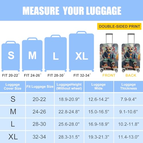 Image of Cool Bear Skateboard Luggage Cover - Colorful Graffiti Style Suitcase Protector with Trendy Cartoon Bear - Fits 20 inch to 22 inch Luggage,S