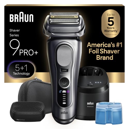 Braun Series 9 PRO+ Electric Shaver for Men Wet & Dry Foil Razor 6-in-1 SmartCare Clean & Charge Center Built-in Precision ProTrimmer ProComfort Attachment Travel Case Silver 9697cc