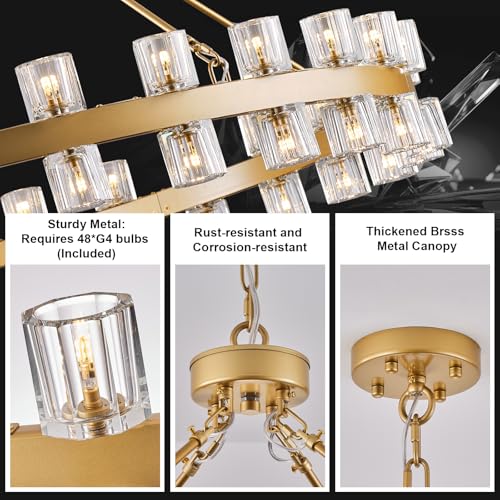 Image of 48 Inch Gold Wagon Wheel Chandelier with Crystal Shade, 48 Lights, Modern Farmhouse Style, Ideal for Dining Room, Kitchen, Entryways
