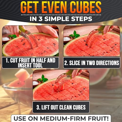 Image of 2-in-1 Watermelon Cutter Slicer Tool - Create Clean 1 inch Cubes & Slices with Watermelon Slicer for Cutting & Serving - Stainless Steel Fruit Cutter Kitchen Gadget for BBQ, Picnic, Camping & Snack Prep