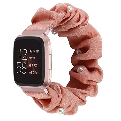 Glebo Scrunchies Band Compatible with Fitbit Versa 2 Bands/Versa Bands/Versa Lite Band, Elastic Strap Studded with Pearls Bracelet Wristbands Bands for Fitbit Versa 2 Bands for Women, Pink Large