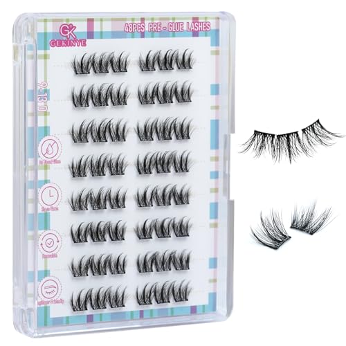 Wispy Self Adhesive Lashes Clusters - Gekinye No Glue Needed Lash Clusters D Curl 48 Pcs Pre Glued Eyelash Cluster