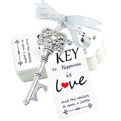 Aokbean 52pcs Antique Rustic Vintage Skeleton Key Bottle Opener Wedding Favor Guest Souvenir Gift Set with Escort Thank you Card and Ribbons Antique Silver