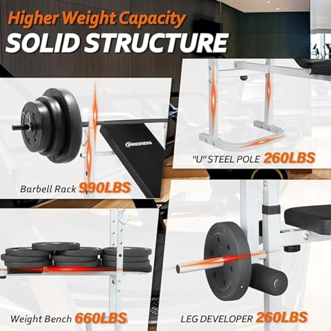 Adjustable Weight Bench for Full Body Workout, 4-in-1 Folding Bench Press with Leg Developer & Barbell Rack, 440LBS Capacity, for Home Gym Strength Training(White/Red)