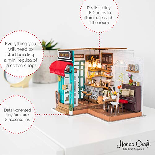 Hands Craft DIY Miniature Dollhouse Kit - Simon's Coffee 3D Model Tiny House Building with LED Lights Wood Prefabricated Pieces Puzzle 1:24 Scale Crafts for Adults and Teens DG109