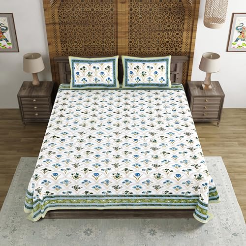 Image of BLOCKS OF INDIA Hand Block Printed 200 TC Cotton King Size Bedsheet (Blue Rose)