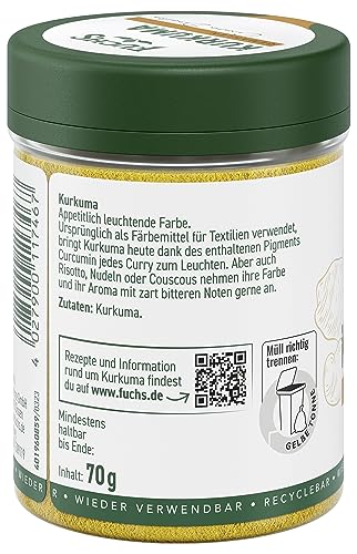 Fuchs Gewürze - Kurkuma gemahlen - für eine gelbe Note in Currys, Nudeln oder Couscous - natürliche Zutaten - 70 g in wiederverwendbarer, recyclebarer Dose