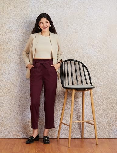Image of Amazon Brand - Symbol Women's Tapered Paper Bag Trousers (High Rise Ankle Length | with Self Fabric Belt) (Available in Plus Sizes)