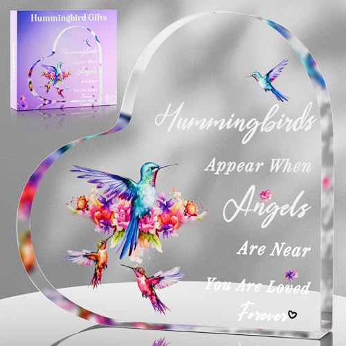 Hordely 5.9 x 5.9 In Acrylic Hummingbird Gifts for Women, Heart Hummingbird Mom Birthday Sympathy Graduation Gifts for Loss of Loved One, Memorial Remembrance Gift Table Decor, Style A