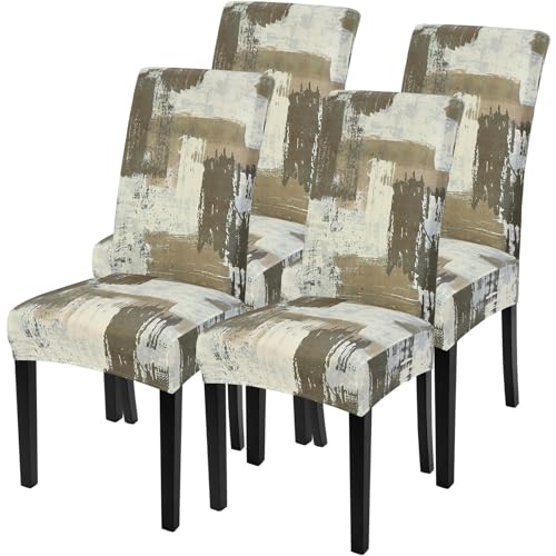Image of SearchI Dining Room Chair Covers Set of 4, Stretch Printed Floral Parsons Chair Slipcovers Removable Washable Kitchen Chair Protector Cover for Dining Room, Hotel, Ceremony (Brown Abstract Pattern)