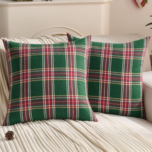 FUTEI Christmas Green Plaid Throw Pillow Covers 20x20 Inch Set