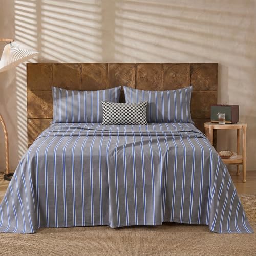 Image of Merryword 100% Cotton Sheet Set Full Size - Blue and Gray Striped Bedding, Soft Breathable Percale Weave, Deep Pocket Fitted Sheet 17.5 inch, Luxury & Silky Soft Sheet Set for All Seasons