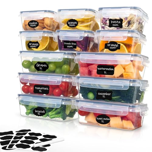 Ordeluxe Lot de 12 Boîtes de Conservation Alimentaire, boîtes hermétiques plastiques sans BPA, rangement cuisine et maison, contenants alimentaires micro-ondes et congélation, 6 x 1L + 6 x 500mL