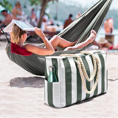Image of Becokan Women's Pool Swim Bag - Waterproof Sandproof Large Stripe Beach Tote with Zipper