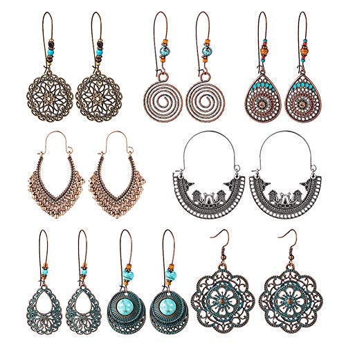 8 Pairs Vintage Boho Earrings Dangle Pendant Earrings Alloy Long Bohemian Retro Drop Earrings Set for Women Girls