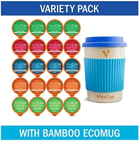 VitaCup Variety Pack w/ Bamboo ecoMug + 20 Vitamin Infused Coffee & Tea Pods Compatible with Keurig K-Cup Style Brewers