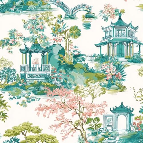 壁紙 45cm x 300cm 剥がせる 中国庭園の風景、塔、橋、花のモチーフ 多機能 防水/汚れ防止/防油 食器棚 クロ 玄関 ふすま紙 家具 部屋 DIY 賃貸OK