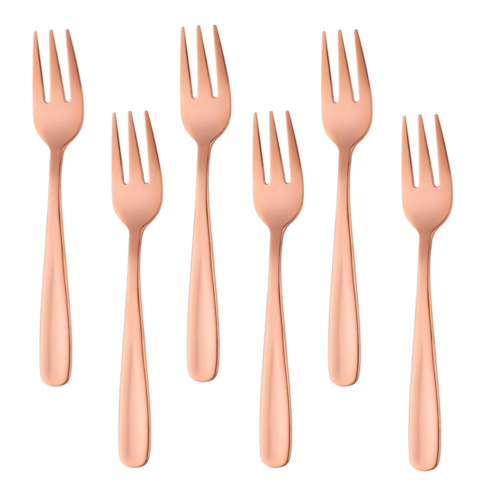 QRU Stainless Steel Dessert Forks, 6 Pieces 3-tine Cocktail Mini Salad Fruit Fork Sets, 5.5 Inch Dishwasher Safe Great for Picnics, Camping, BBQs (Rose Gold)