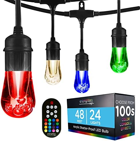 Enbrighten Vintage Seasons Café Lights, Outdoor String Lights, Black, 48 Foot Length, 24 Lifetime Bulbs, Color Changing, Weatherproof, Shatterproof, Commercial Grade, 37790