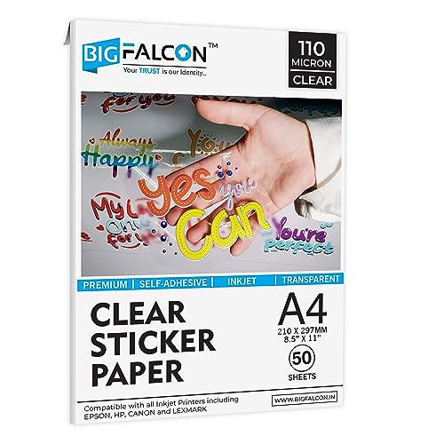 Image of BIGFALCON Premium A4 (8.5x11 inch) Size 50 Sheets Printable Sticker Paper,Transparent Clear Self-Adhesive Sheets,Waterproof, Dries Quickly and Non-Tearable for Any Inkjet Printer (A4-50 Sheets)