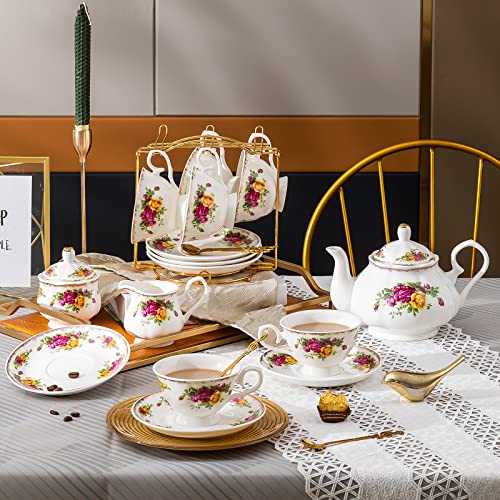 Daveinmic 22Pieces Porcelain Tea Set,Vintage Floral Tea Gift Sets,Cups& Saucer Service for 6