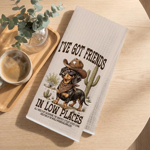 Image of 2 Pcs Western Dachshund Kitchen Towels 24x14 Inch, Preppy Cowboy Dachshund Gifts Reusable Dish Towels for Kitchen Decor, Waffle Weave Absorbent Hand Cloth Tea Towel, Weiner Dog Gifts for Women Friend