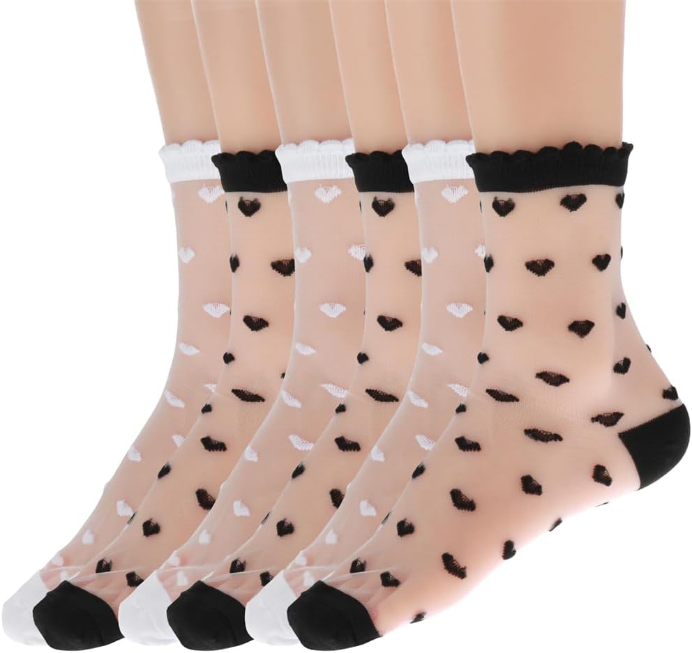 6 Pairs Women's Sheer Ankle Socks, AZONEE Heart Embroidery Ruffle Lace Mesh Socks, Ultra-Thin See-Through (3 White + 3 Black)
