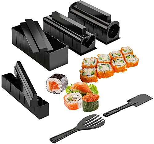 Jaxbo Sushi Maker Tool Rice Roll Mold sushi Making Kit for Beginners Edition with Various Specification Shapes for Sushi Shape Mold 10 Pcs(Black)
