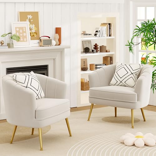 Image of Andeworld Velvet Accent Chair, Barrel Armchair, Beige | Velvet Upholstery, Golden Metal Legs, Comfy Barrel Back, Modern Style, Living Room Bedroom Office