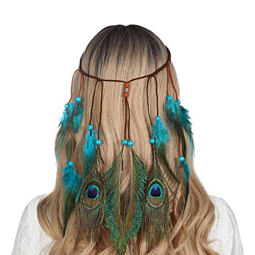 AWAYTR Federn Stirnbänder Hippie Boho Holzperlen Niedlich maskerade Karneval Kopfstücke (Blau)