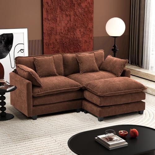 Image of Ihanherry 77 inch L Shaped Modern Sofa Modular Sectional Luxurious and Comfortable with Ottoman, 3-Seat Chenille Deep Seat Sofa with Pillow for Living Room, Bedroom and Apartment,Brick Red
