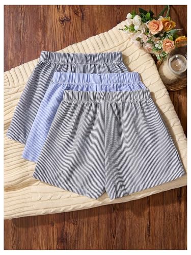 Image of WDIRARA Women's 3 Piece Striped Pajama Shorts Elastic Waist Comfy Sleep Bottoms