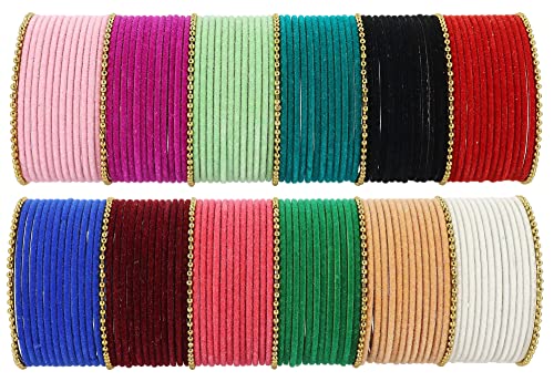 Image of NMII Stylish Metal with Zircon Stone & BallChain Linked Velvet Bangles Set For Women and Girls | Fancy Metal Bangles | Women's Bangles