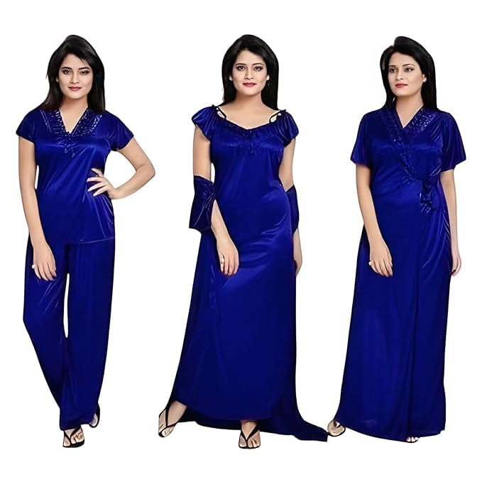 Women's 3 Piece Satin Nightwear Set | Satin Nighty, Matching Robe & Top with Pajama Set | Soft Silk Feel Bridal Sleepwear, Loungewear & Honeymoon Night Dress for Women-picture-53
