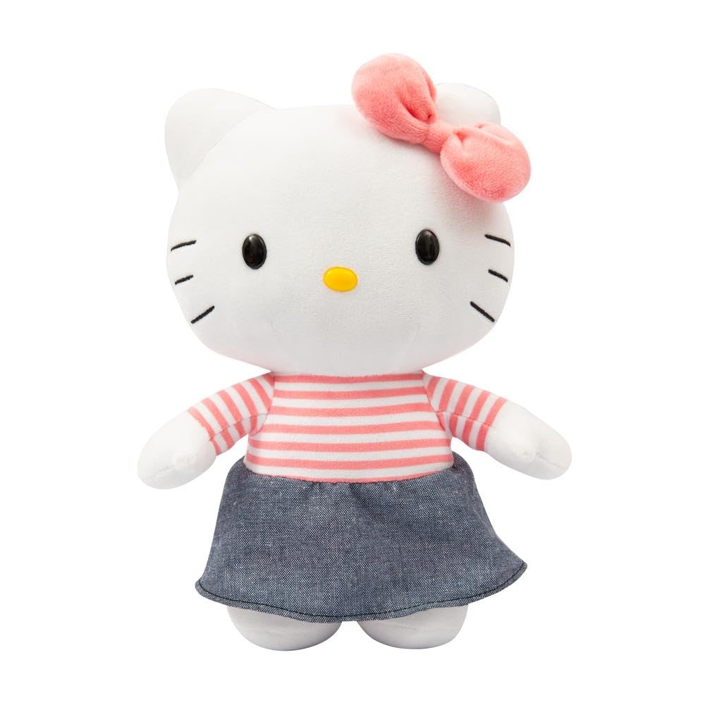 Hello Kitty Giochi Preziosi Morbido Peluche Hello Kitty 30 cm con Outfit alla Moda, Tutina Rosa, Fiocco Rosso, Maglia A Righe Rosse Adatto per Bambini dai 3 Anni