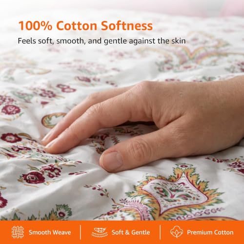 Image of Amazon Basics - 100% Cotton Flat Bedsheet | 144TC |Queen Bed Sheet with 2 Pillow Cover|Soft Cotton | Floral Print | 90 Inch x 100 Inch, Beige