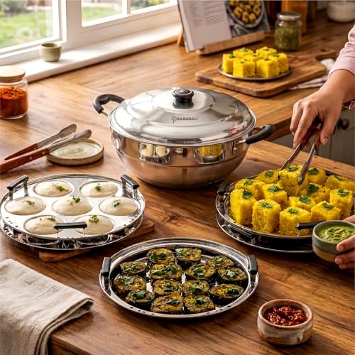 Image of MAHABALI KITCHENWARE SB Prime IB Multi Kadai with Steel Lid & 6 Plates | Idly, Mini Idly, Dhokla & Patra Maker Set | Includes 2 Idly Plates, 1 Mini Idly Plate, 2 Dhokla Plates & 1 Patra Plate
