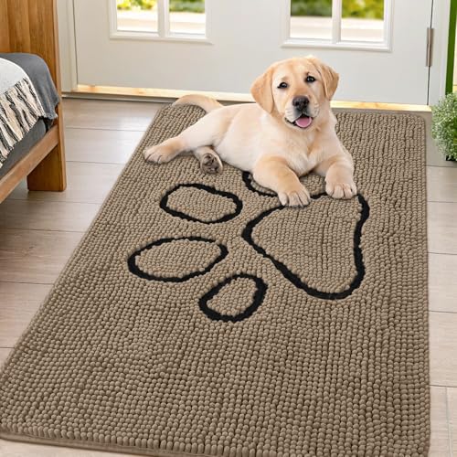 Image of Smiry Dog Door Mat for Muddy Paws, Absorbent Dirt Trapper Non Slip Quick Dry Washable Chenille Mat for Mud Dogs, Entry Rug for Indoor and Outdoor (47x32 Inches, Camel and Black)