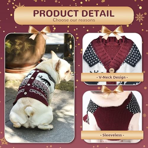 SKXEO Hund Weihnachten Pullover V-Ausschnitt gestrickt Welpe Pullover Weste Rentier Haustier Kleidung Outfit für kleine mittlere große Hunde Katze Pullover(Rentier Pullover,S)