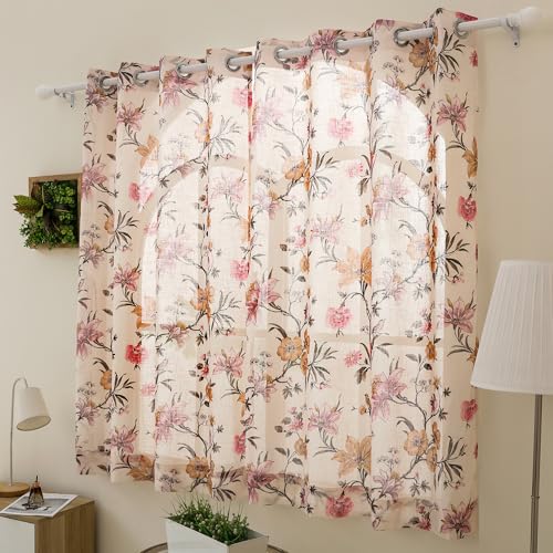 Image of Story@Home Window Curtains 5 Feet Long Set of 2 | Floral Printed | Semi Transparent Curtain | Net Curtains | Sheer Curtain for Living Room | (118 X 152 Cm, Cream & Pink) | Perfect for Home Decor