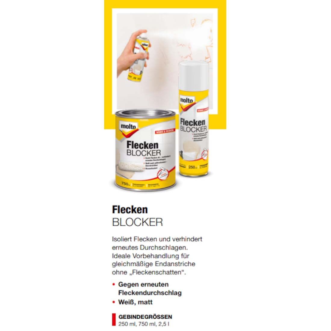 Molto Flecken Blocker, Zum dauerhaften Abdecken von Flecken an Decken und Wänden, Weiß, 2,5 l