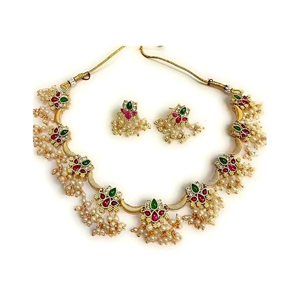 Aryavansh Emporium Lotus Design Flower shaped Three layer Long Haram Gold plated south Indian Wedding Traditional temple jewellery set. Latest fashion full Combo for Girls & Women - Image 5