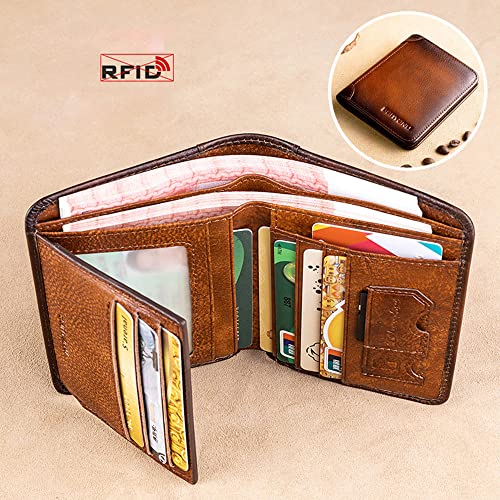 TEAMWILL Genuine Leather Men's Trifold Wallet RFID Blocking Credit Card Holder Retro4