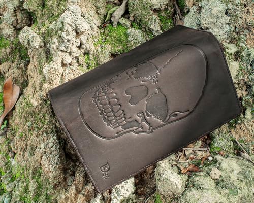 DK86 Skull Long Wallet For Men Full Grain Leather Rfid Blocking Rodeo Wallet Bifold Wallet Skull Wallet, Coffee A2