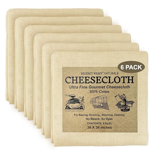 Regency Wraps RW165 - Cheesecloth naturale ultra fine 100% cotone, per imbastire tacchino e pollame, filtrare zuppe e salse, fare formaggio, confezione da 6